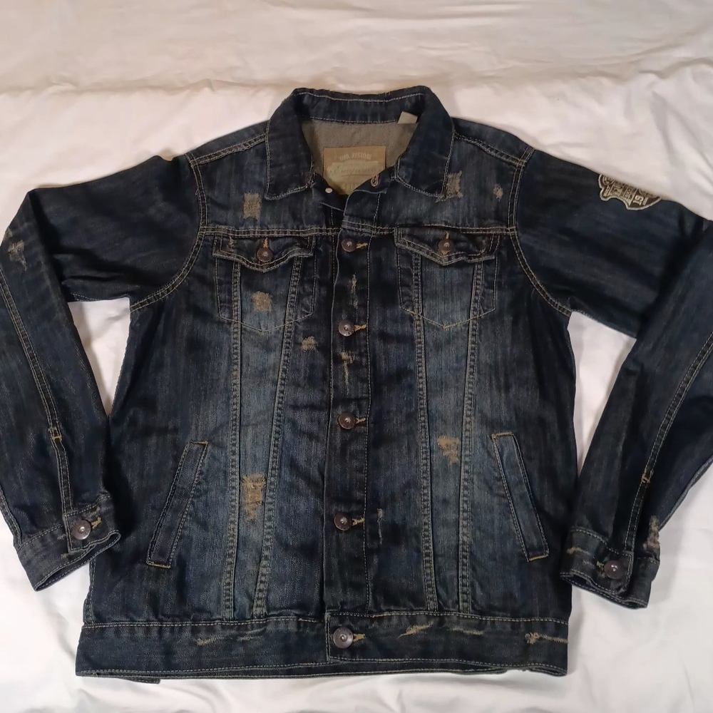 Vintage 90'  Escapism Men's Blue Distressed Denim Jacket.